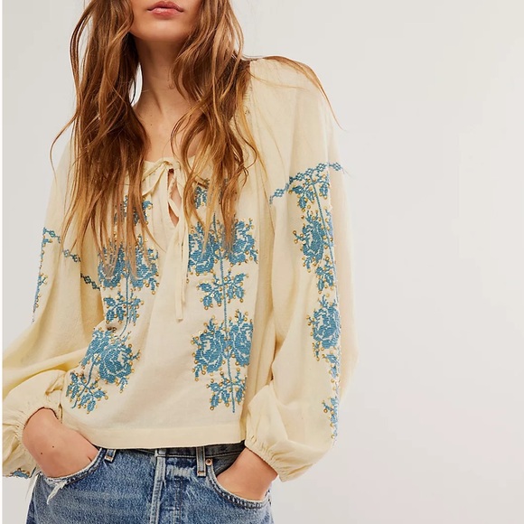 Free People Hayden Sequin Embellished XL Ivory Floral Embroidery On/Off Shoulder - Picture 7 of 7